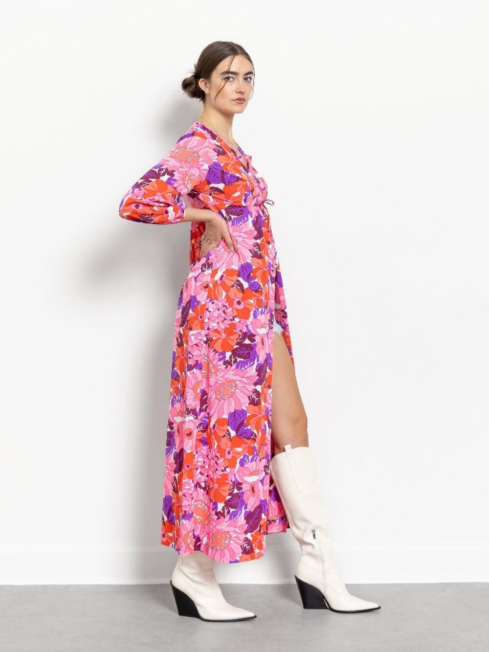 70s Floral Maxi Dress, Pink Nylon House Coat, Small/Medium